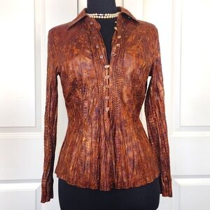Shiny brown, fitted, crinkled long sleeve,  blouse